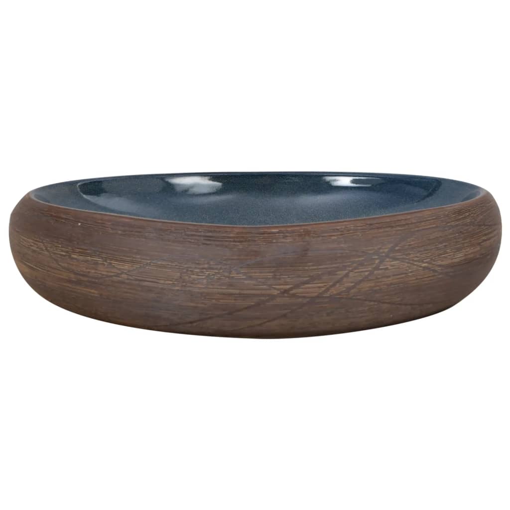 Countertop washbasin, brown and blue, 59x40x15 cm, ceramic, oval