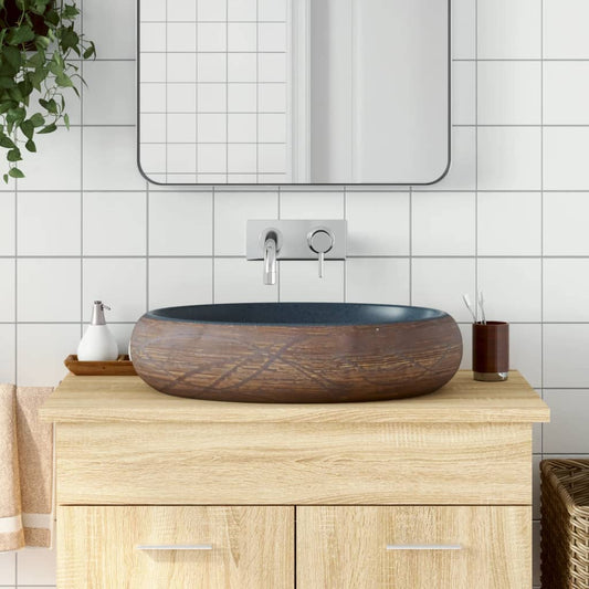 Countertop washbasin, brown and blue, 59x40x15 cm, ceramic, oval