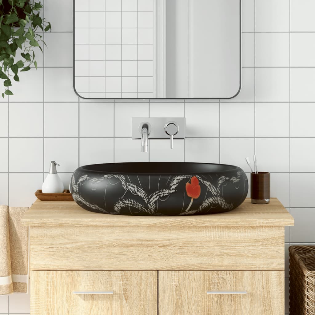 Countertop washbasin, black, 59x40x15 cm, ceramic, oval