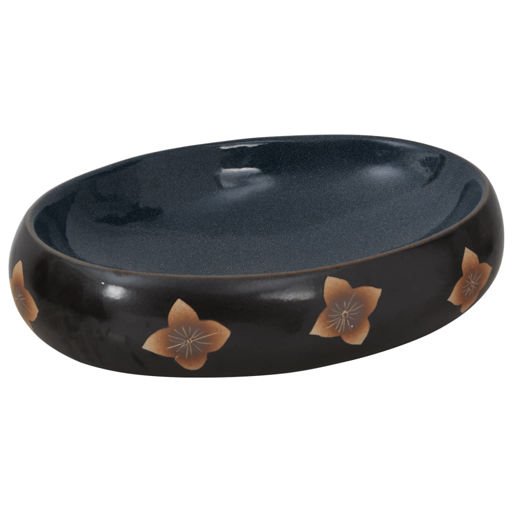 Countertop washbasin, black and blue, 59x40x15 cm, ceramic, oval