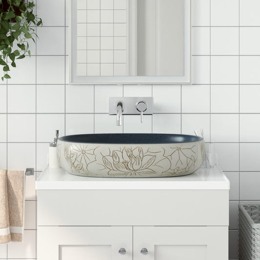 Countertop washbasin, sand and blue 59x40x14 cm, ceramic, oval