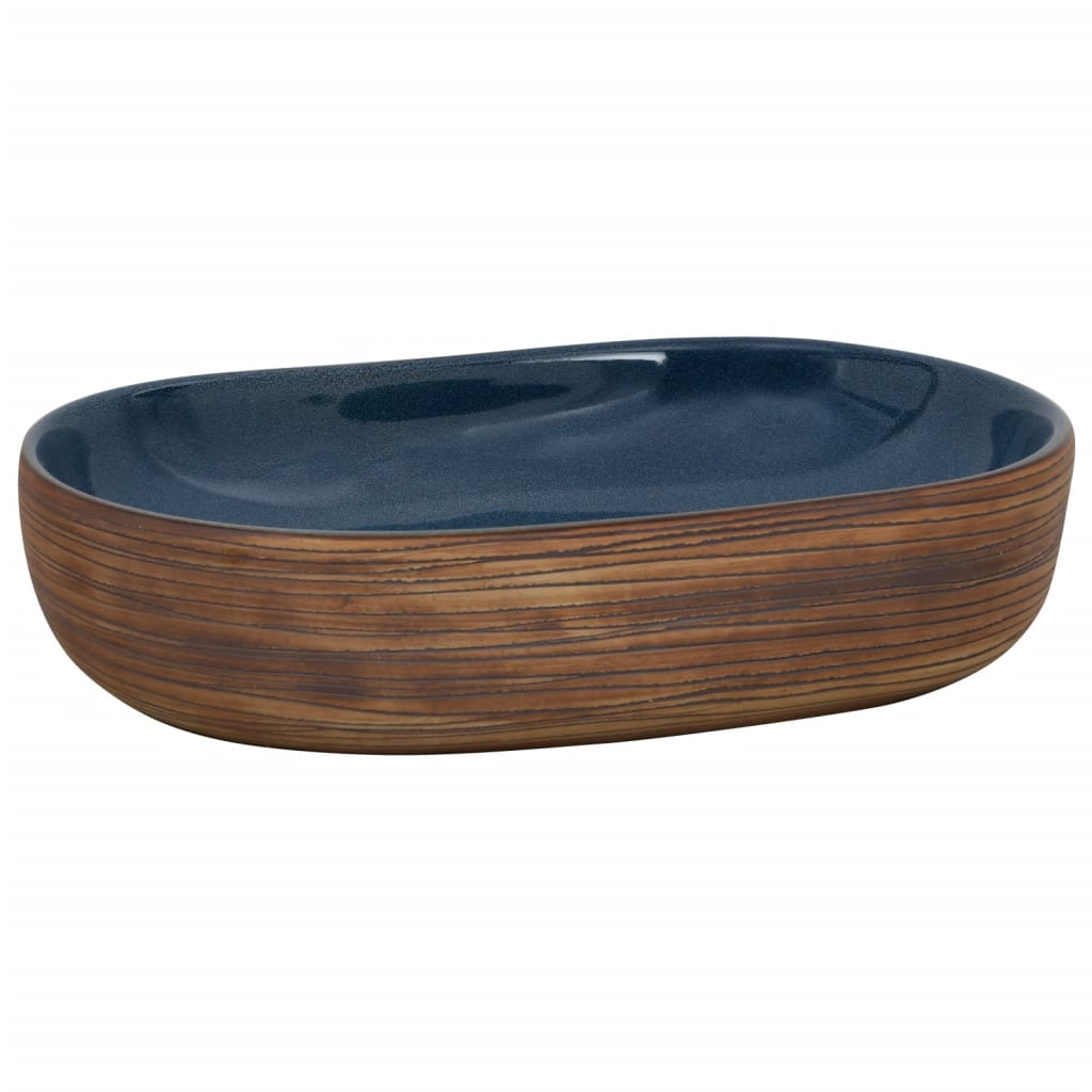 Countertop washbasin, brown and blue, 59x40x14 cm, ceramic, oval