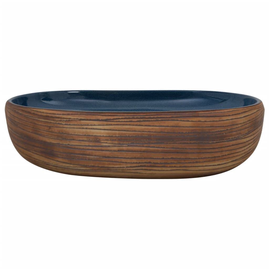 Countertop washbasin, brown and blue, 59x40x14 cm, ceramic, oval