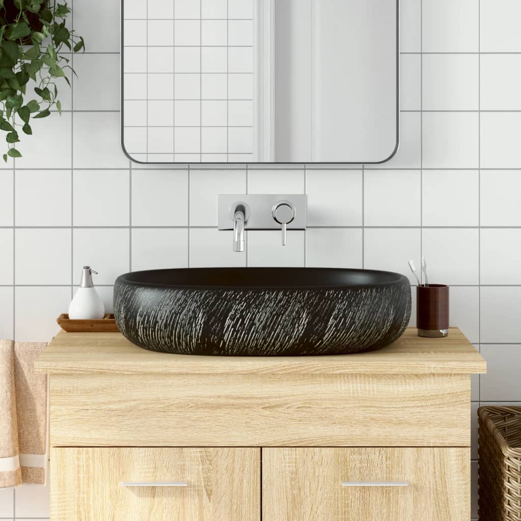 Countertop washbasin, black, 59x40x14 cm, ceramic, oval