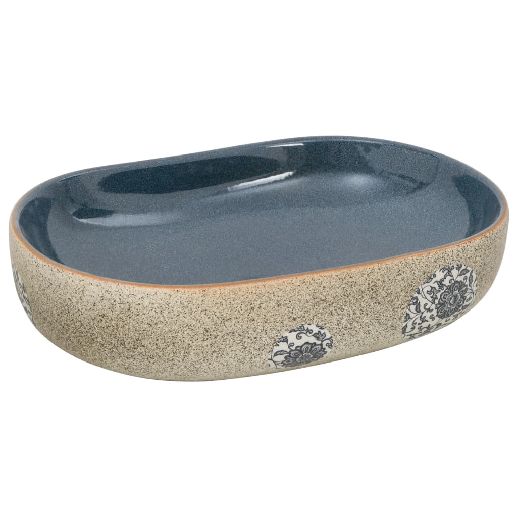 Countertop washbasin, sand and blue 59x40x14 cm, ceramic, oval