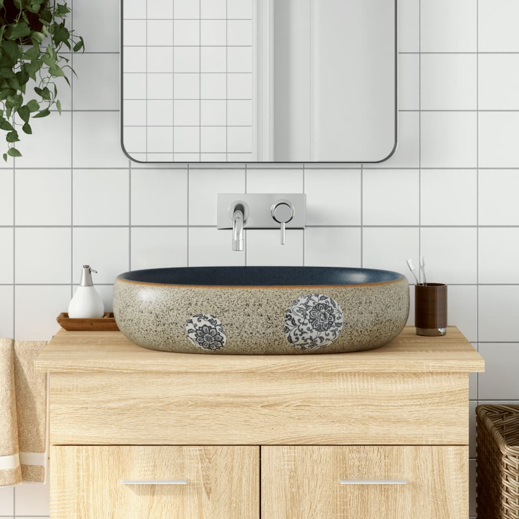 Countertop washbasin, sand and blue 59x40x14 cm, ceramic, oval