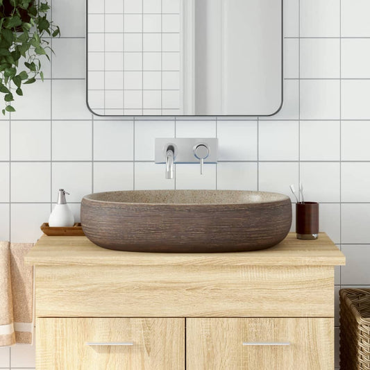 Countertop washbasin, sand and brown 59x40x14 cm, ceramic, oval