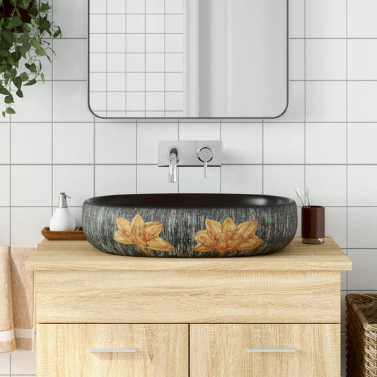 Countertop washbasin, gray and black, 59x40x14 cm, ceramic, oval