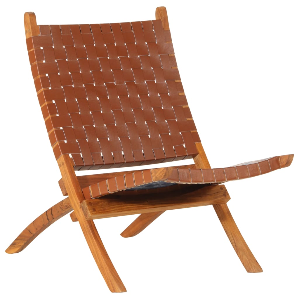 Folding relaxing chair, brown, natural leather