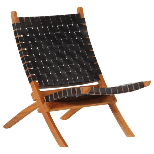 Folding relaxing chair, black, natural leather