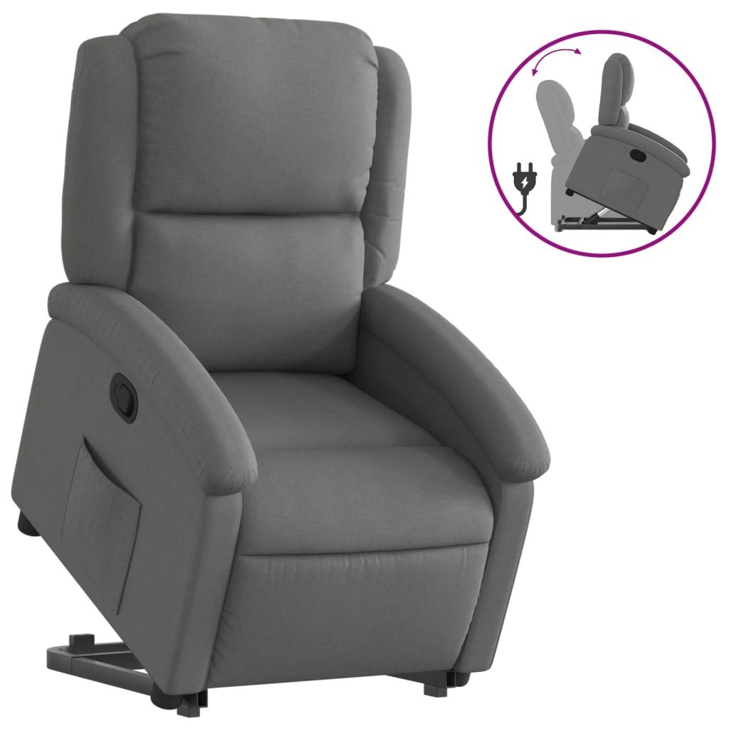 Reclining armchair with vertical lift, dark grey, textile