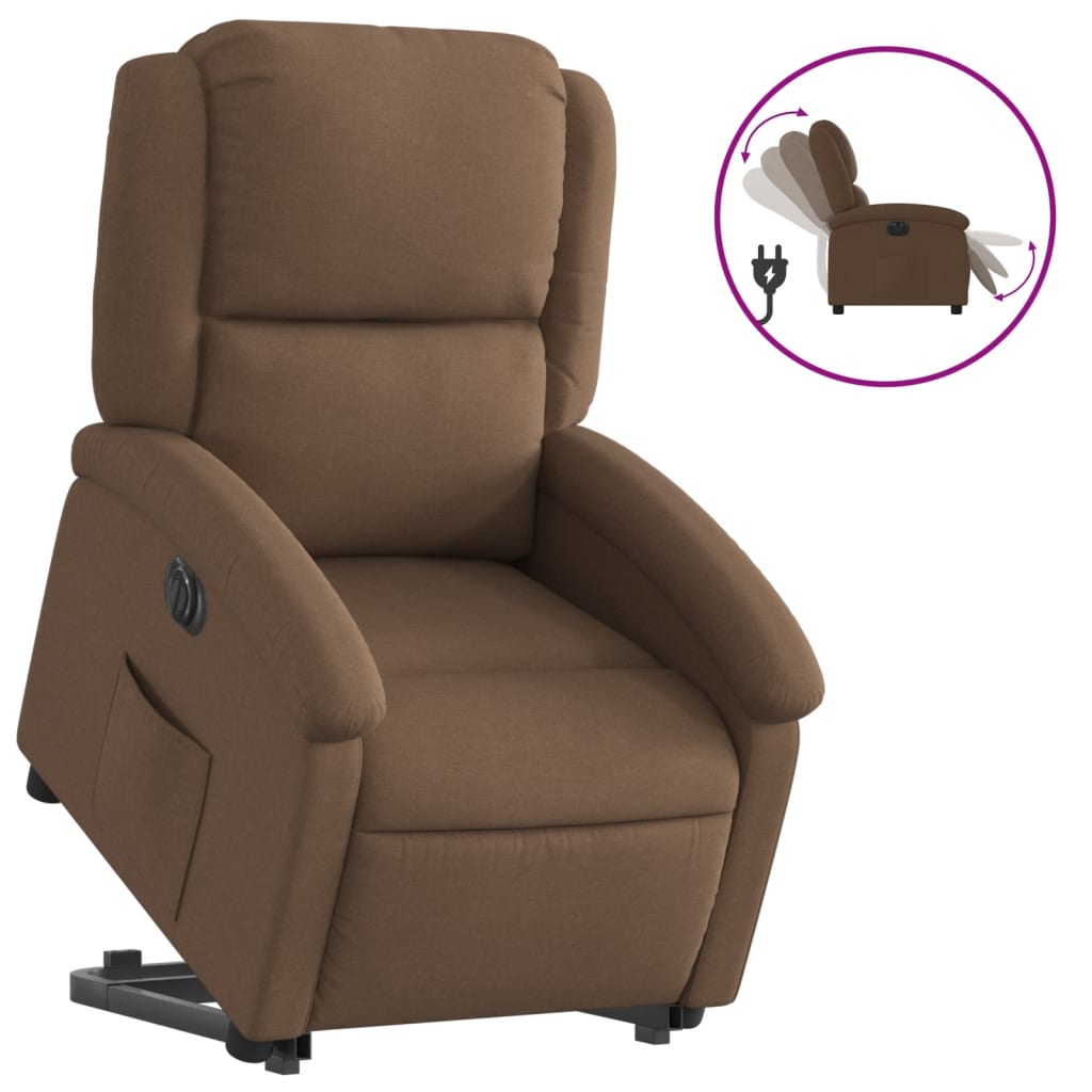 Electric reclining armchair with lift, brown, textile