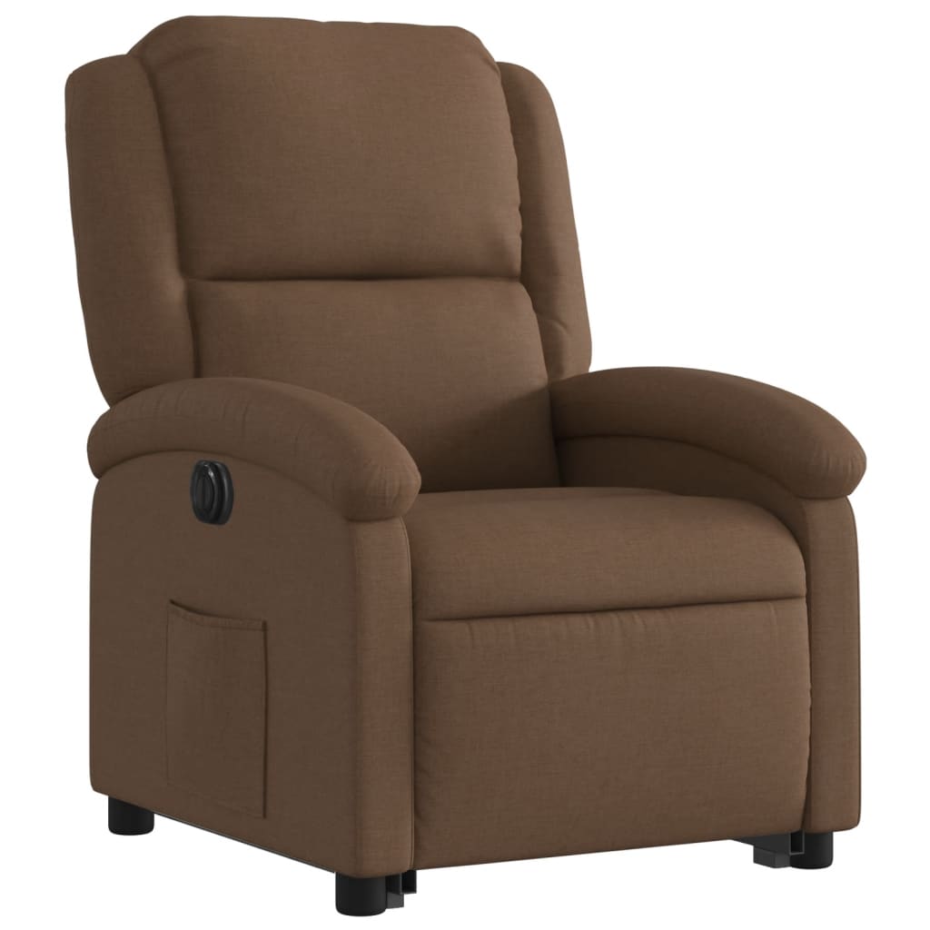 Electric reclining armchair with lift, brown, textile