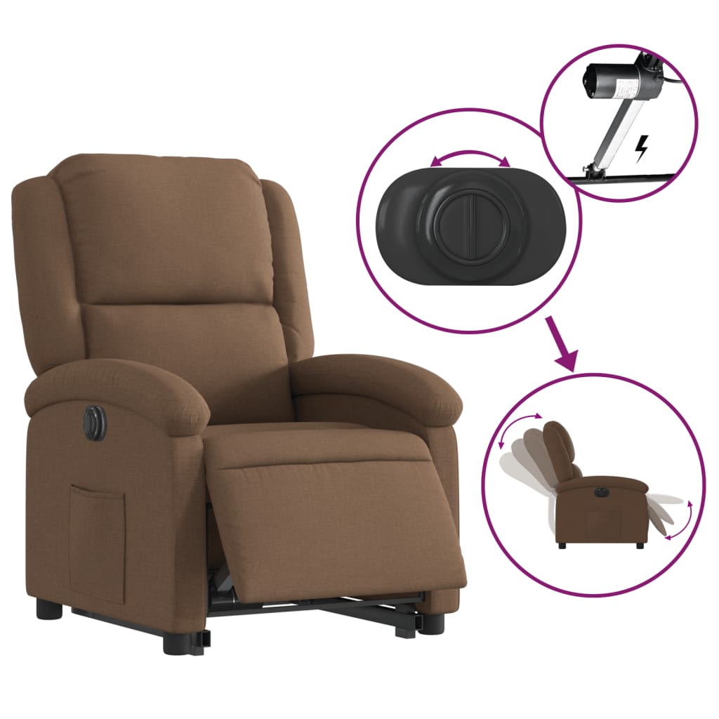 Electric reclining armchair with lift, brown, textile