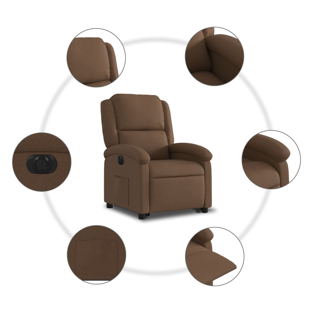 Electric reclining armchair with lift, brown, textile