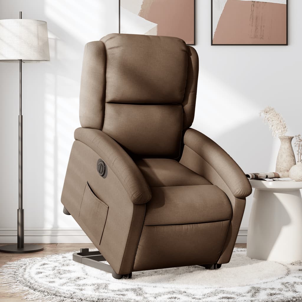 Electric reclining armchair with lift, brown, textile