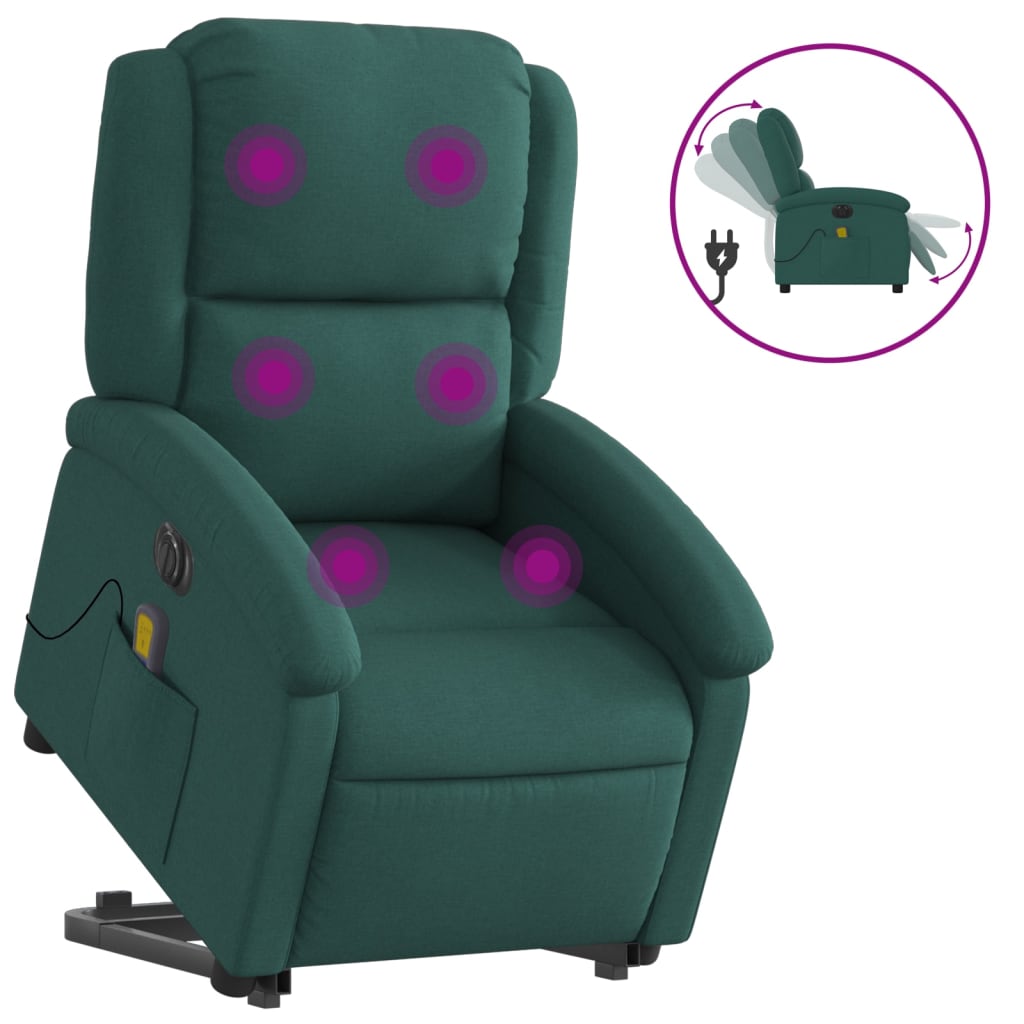 Electric massage armchair, reclining / lifting, dark green, textile