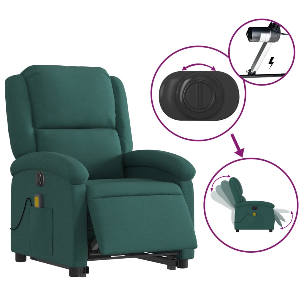 Electric massage armchair, reclining / lifting, dark green, textile