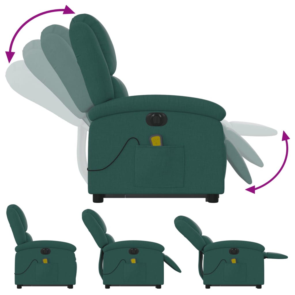 Electric massage armchair, reclining / lifting, dark green, textile