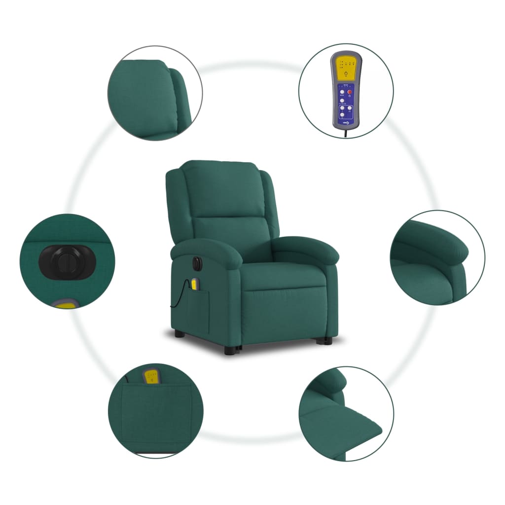 Electric massage armchair, reclining / lifting, dark green, textile