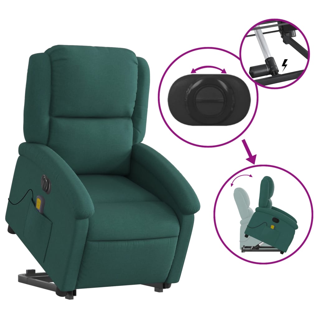 Electric massage armchair, reclining / lifting, dark green, textile