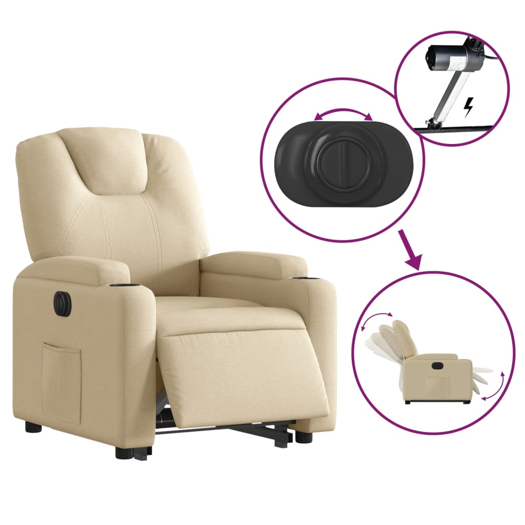 Electric reclining armchair with lift, cream, fabric