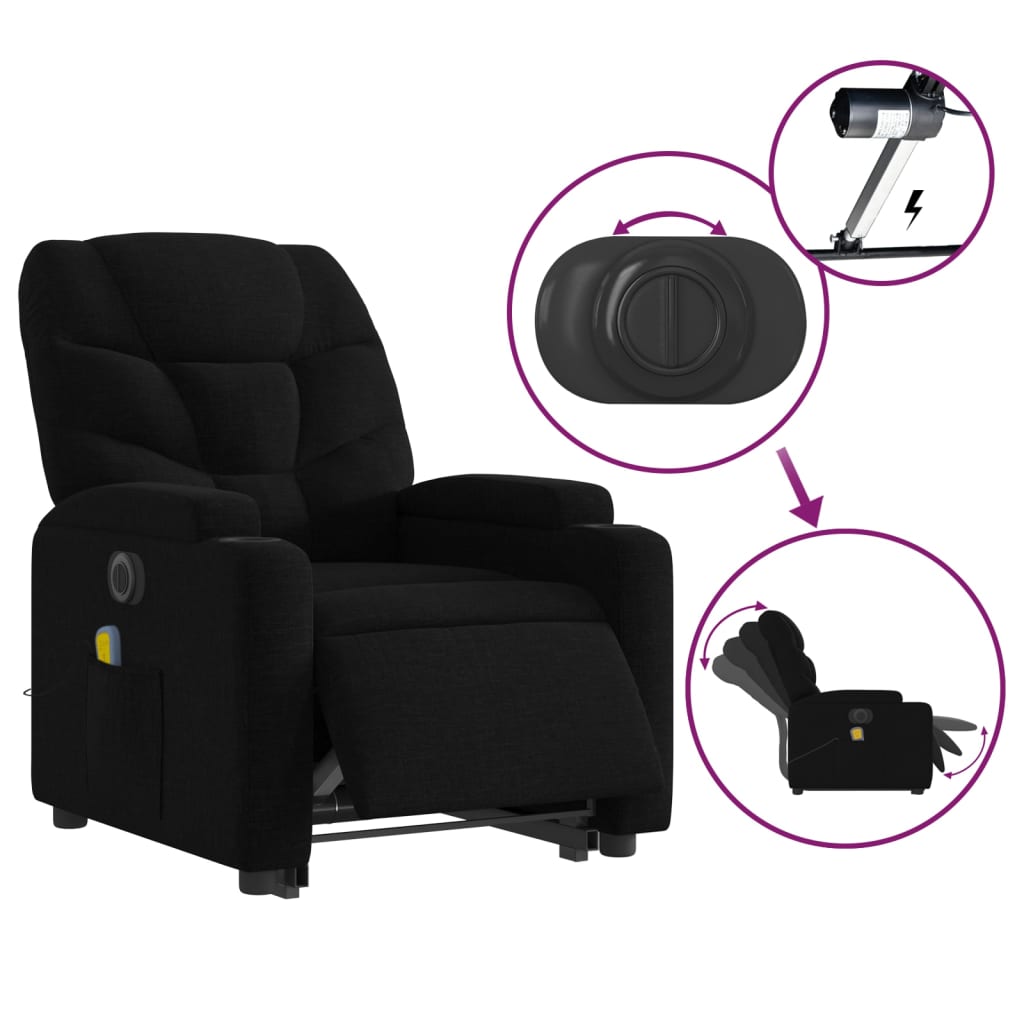 Electric reclining massage chair with lift, black, textile