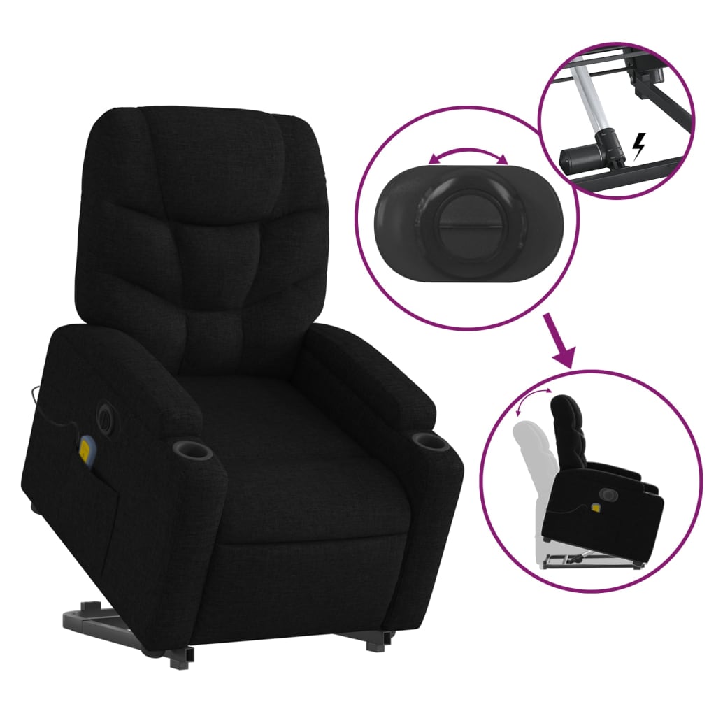 Electric reclining massage chair with lift, black, textile