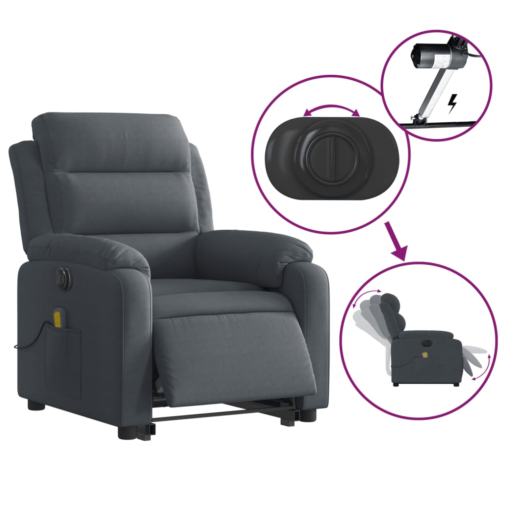 Electric reclining massage chair with lift, dark grey velvet