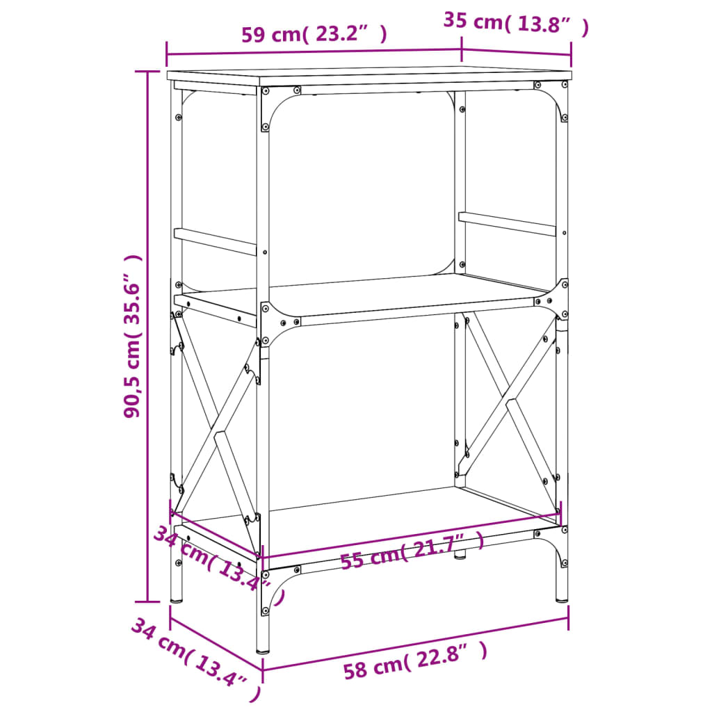 3-tier bookcase smoked oak 59x35x90.5cm processed wood