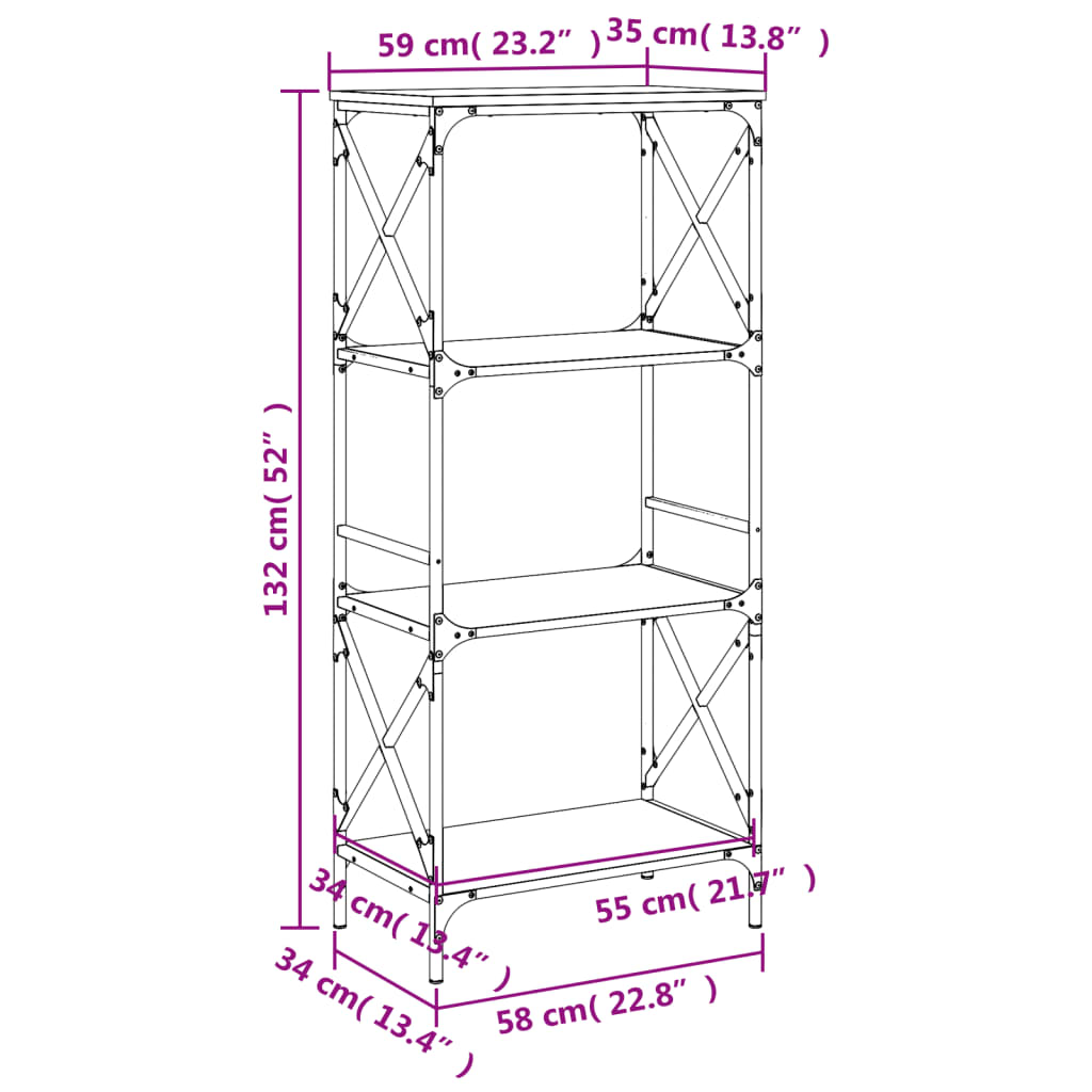 4-tier bookcase, brown oak 59x35x132 cm, processed wood