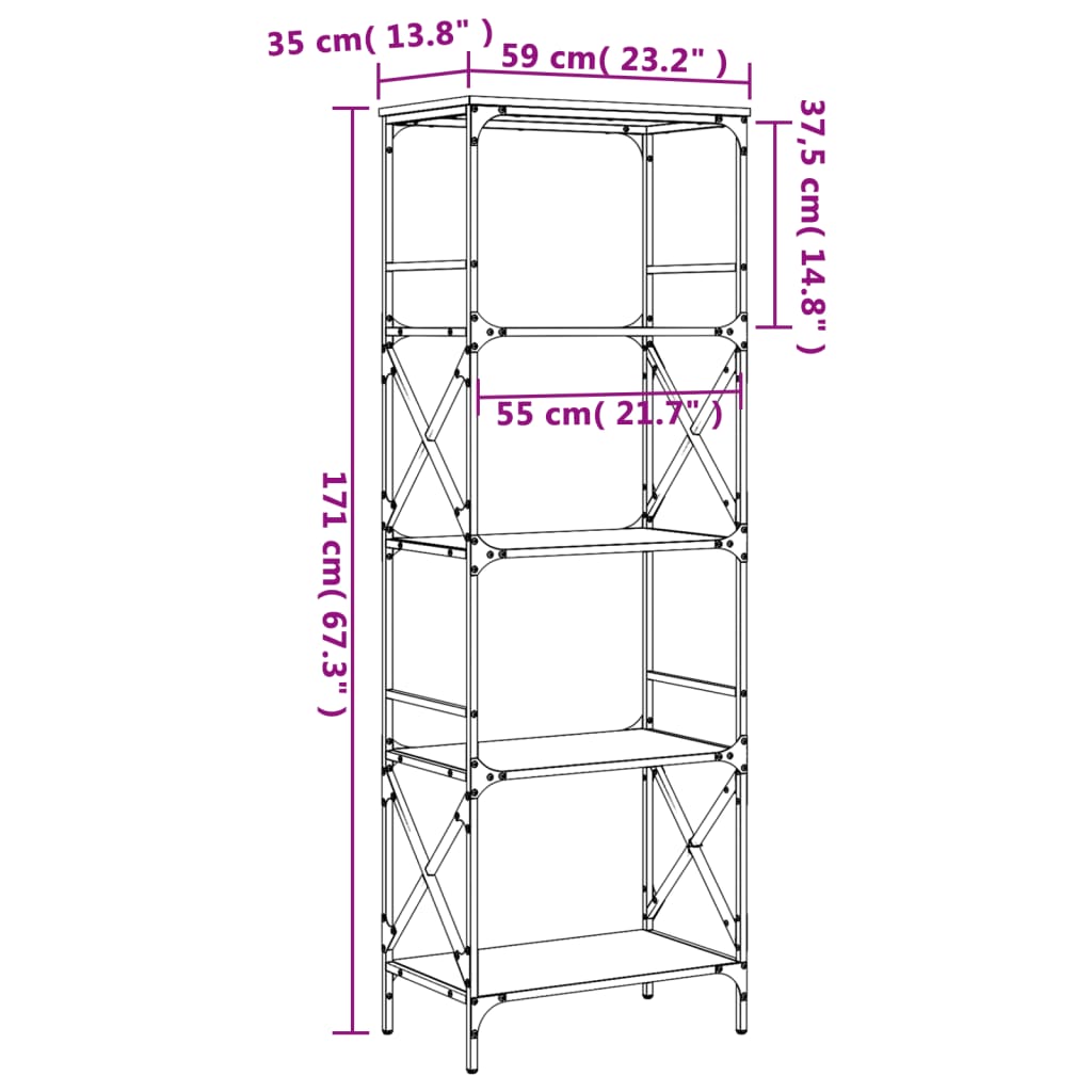 5-tier bookcase sonoma oak 59x35x171 cm processed wood