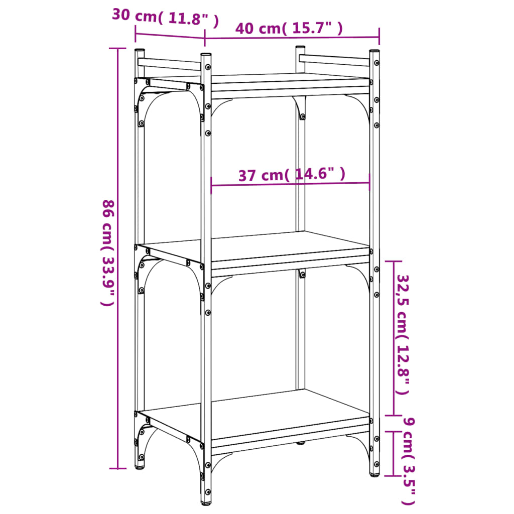 3-tier bookcase smoked oak 40x30x86 cm, processed wood