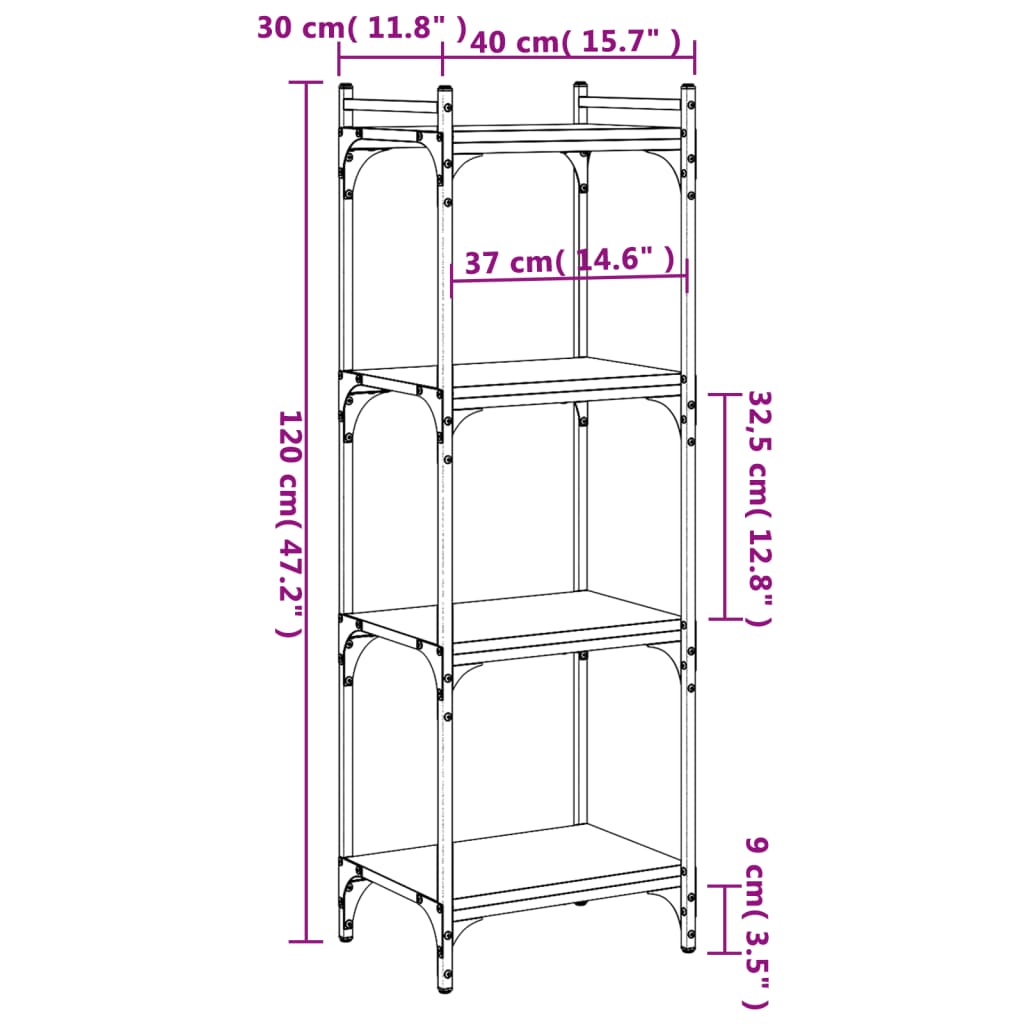 Bibliotecă 4 niveluri stejar afumat 40x30x120 cm lemn prelucrat