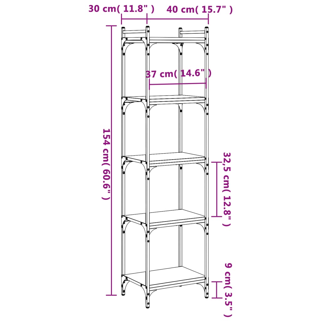 5-tier bookcase smoked oak 40x30x154 cm processed wood