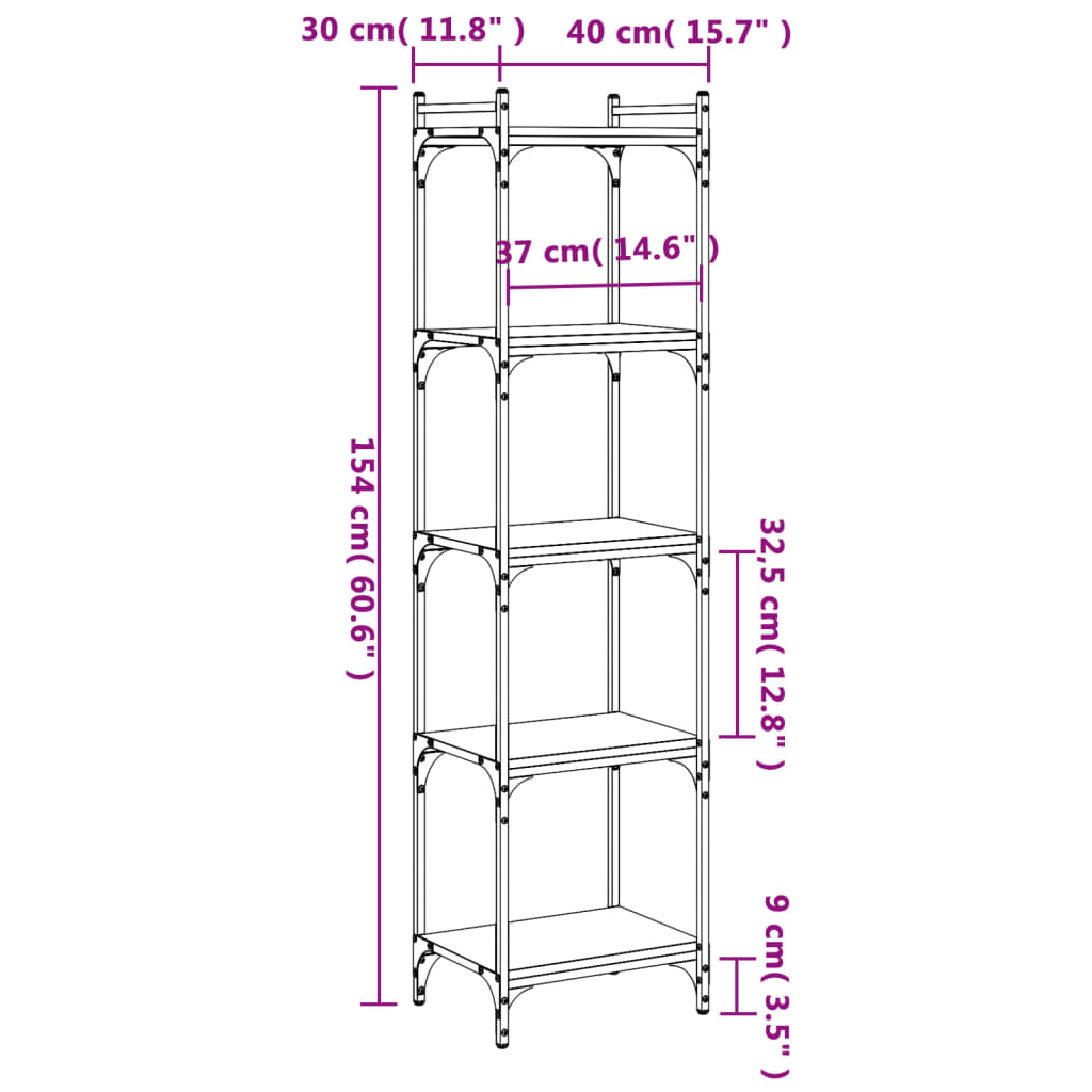 5-tier bookcase, brown oak 40x30x154 cm, processed wood