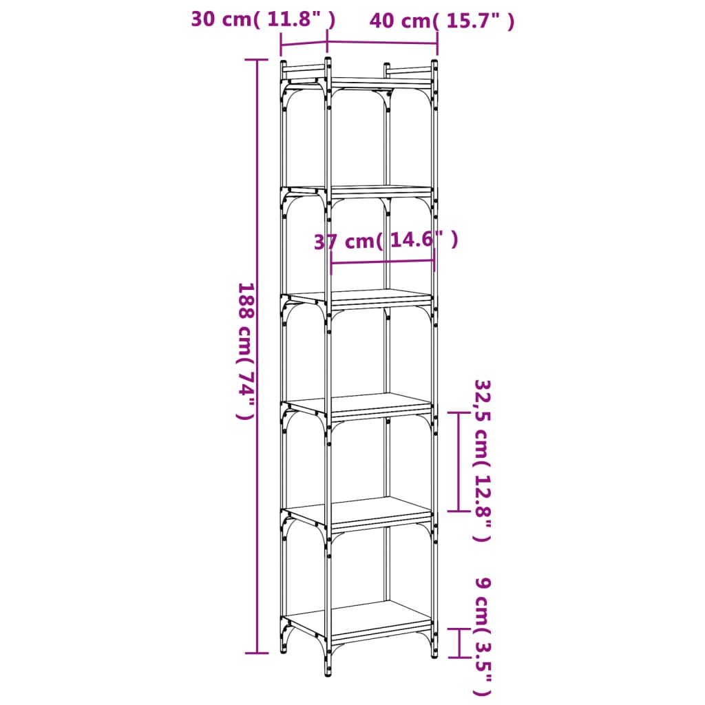 Bibliotecă 6 niveluri, stejar maro 40x30x188 cm, lemn prelucrat