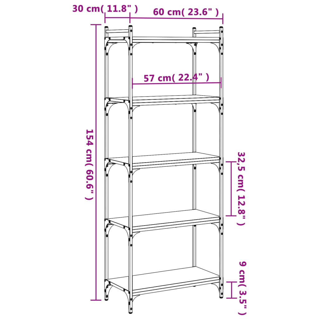 5-tier bookcase sonoma oak 60x30x154 cm processed wood