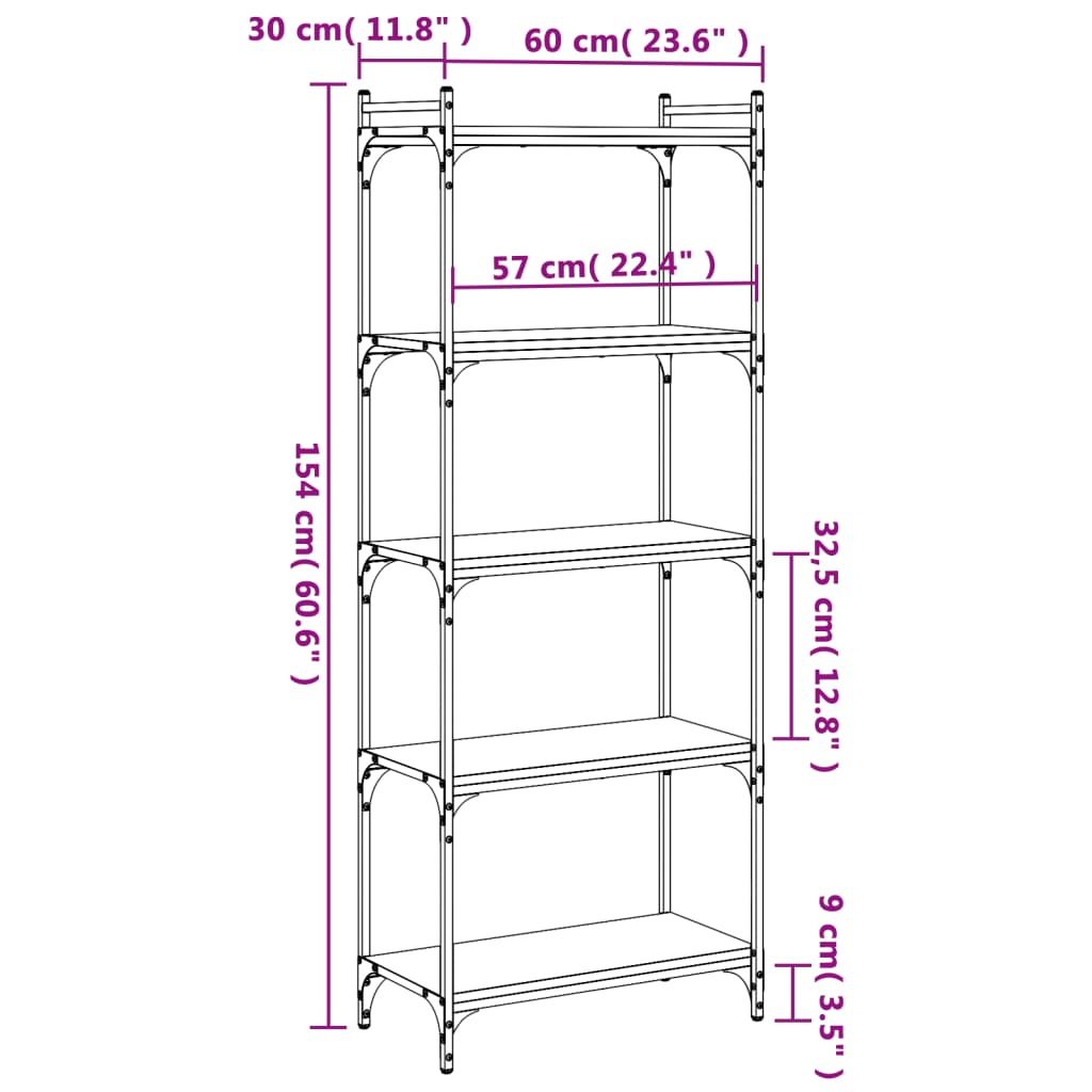 5-tier bookcase smoked oak 60x30x154 cm processed wood