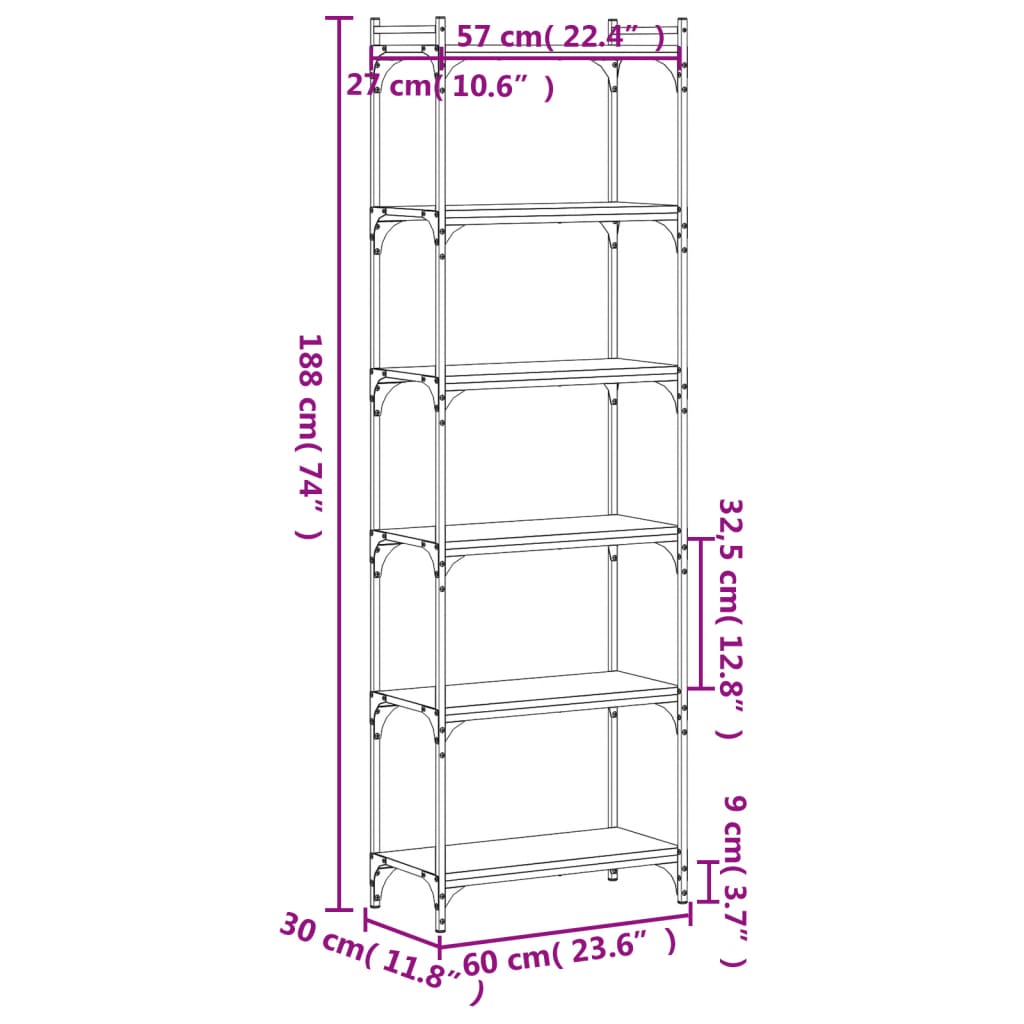 Bibliotecă 6 niveluri, stejar maro 60x30x188 cm, lemn prelucrat