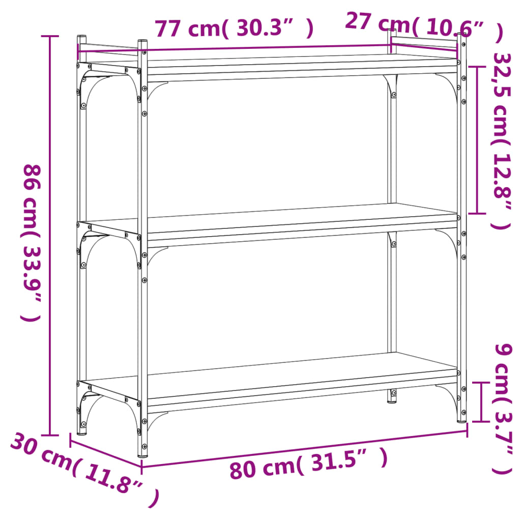 3-tier bookcase, sonoma oak, 80x30x86 cm, processed wood