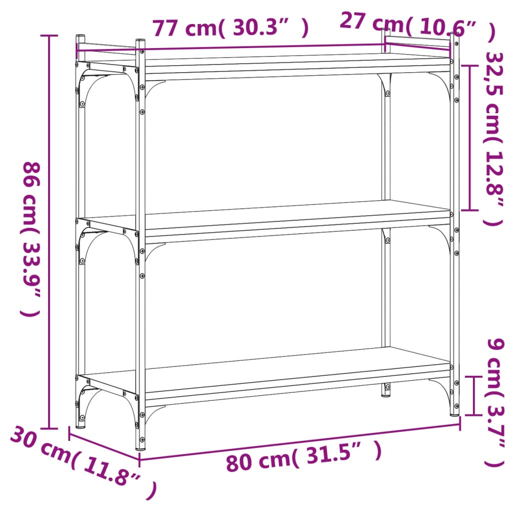 3-tier bookcase smoked oak 80x30x86 cm, processed wood