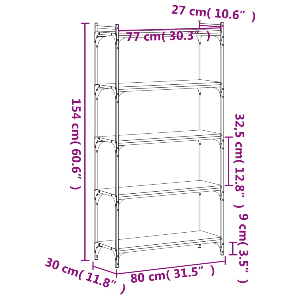 5-tier bookcase, brown oak 80x30x154 cm, processed wood