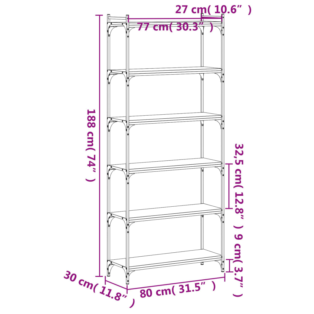 6-tier bookcase, brown oak 80x30x188 cm, processed wood