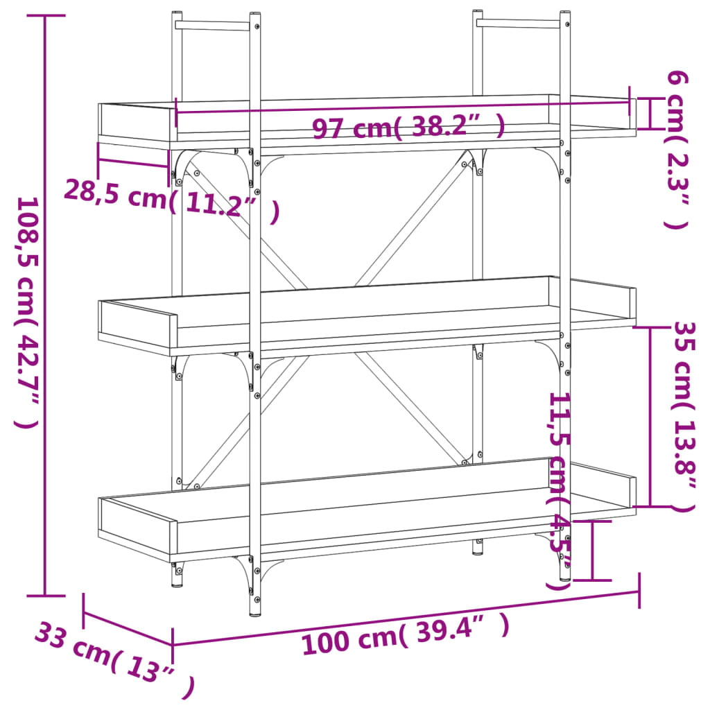 Bibliotecă 3 niveluri, stejar sonoma, 100x33x108,5 cm lemn