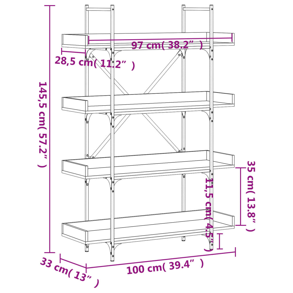 Bibliotecă 4 niveluri, stejar sonoma, 100x33x145,5 cm, lemn