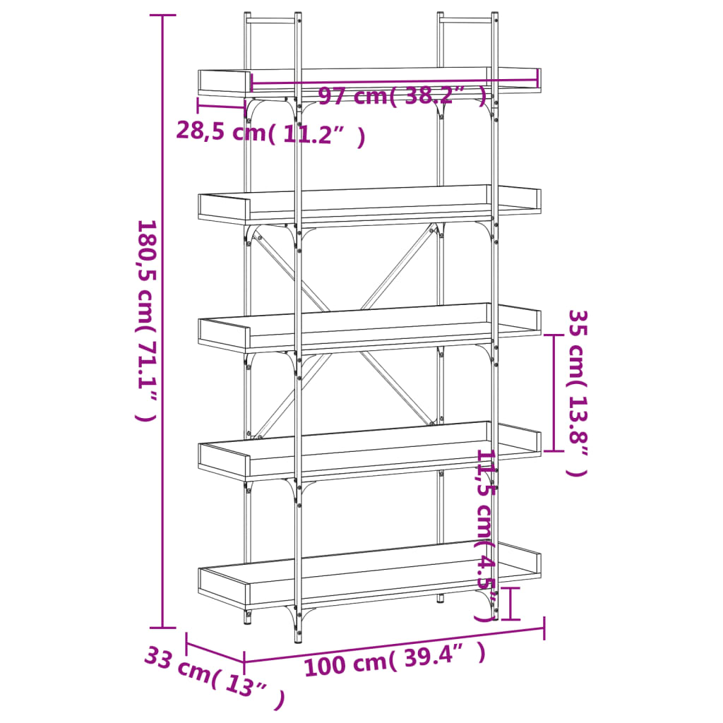 5-tier bookcase, sonoma gray, 100x33x180.5 cm, composite wood