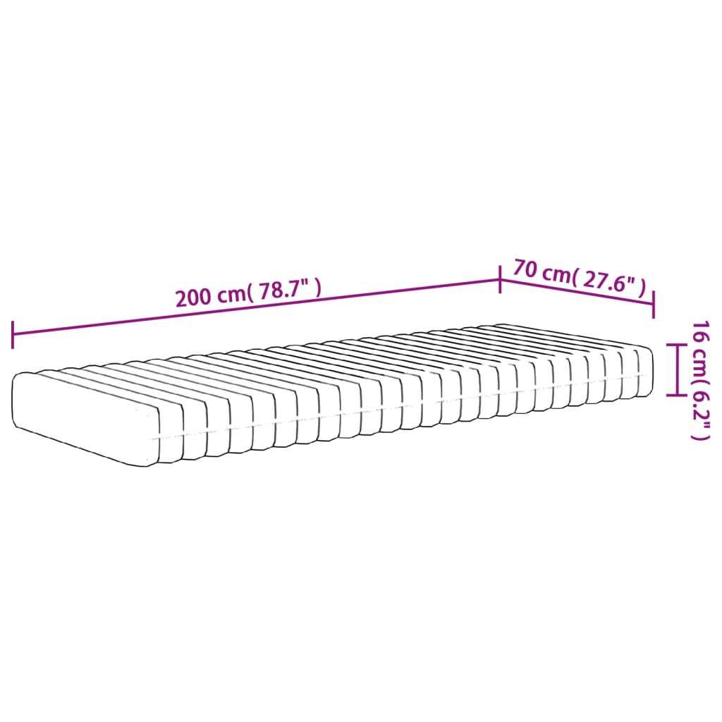 Foam mattress, medium soft firmness, 70x200 cm