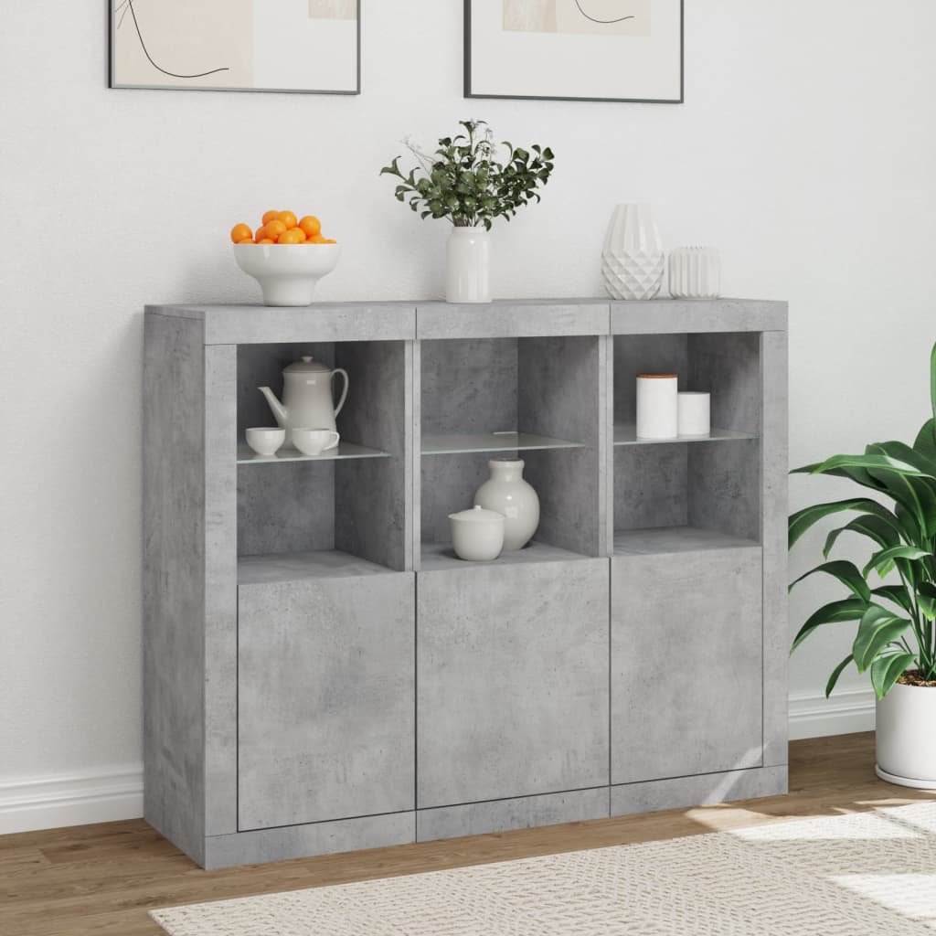 Sideboard with LED lights, 3 pcs., concrete grey, engineered wood