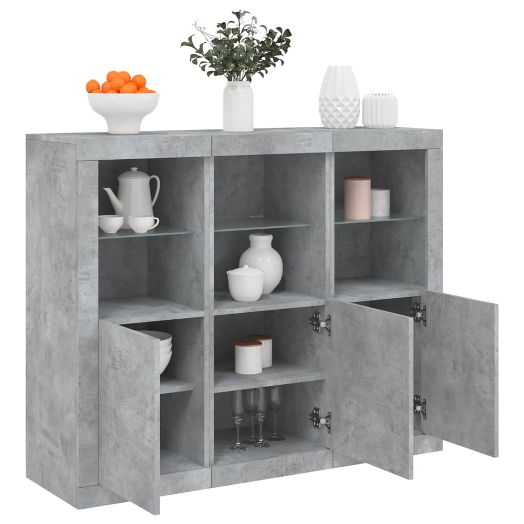 Sideboard with LED lights, 3 pcs., concrete grey, engineered wood